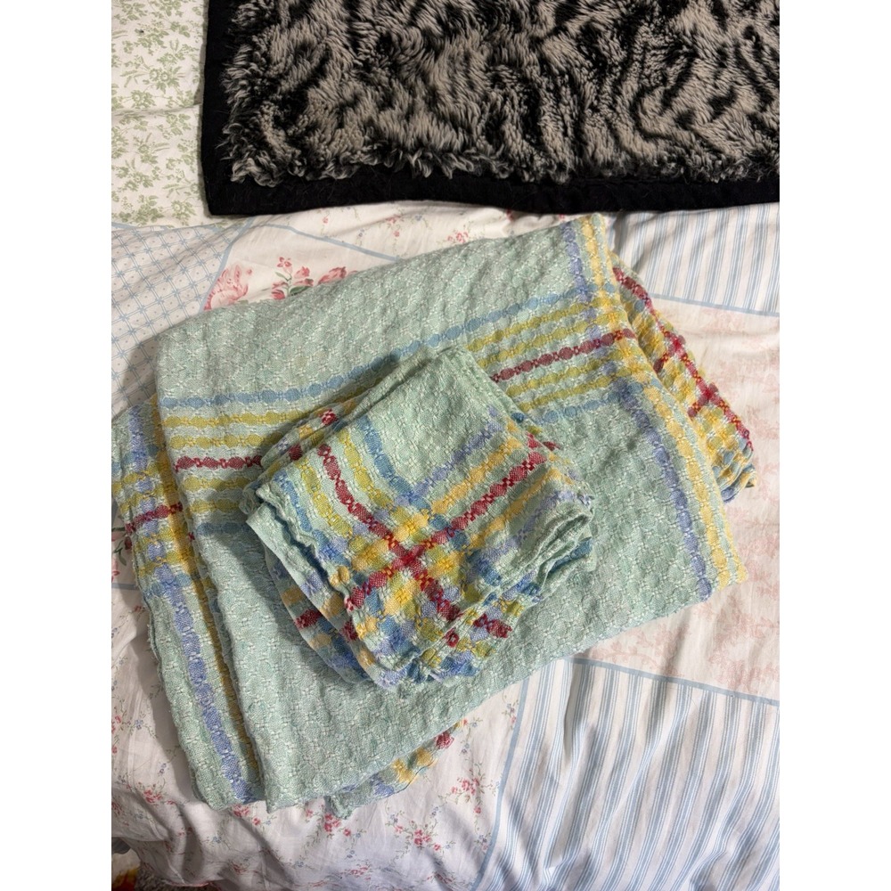 Vintage Pastel Soft Woven Tablecloth With 6 Napkins Summer Colors 60" X 43"